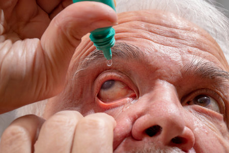 Self-instillation of eye drops in patients with glaucoma eyes. An elderly man with glaucoma.の写真素材