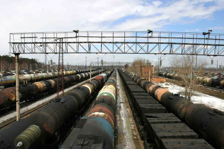 Railway tank cars with oil products at the sorting unit of the railway