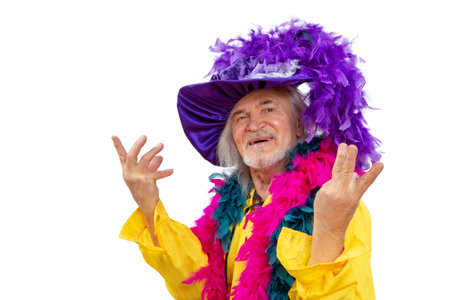 Laughing entertainer in women's retro hat with feathers rejoices in success, showing victory gesture...