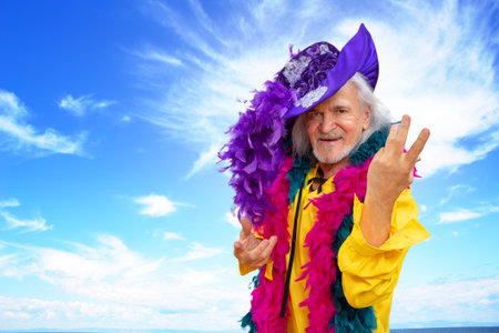 Laughing artist in female retro hat with feathers rejoices in success, showing victory gesture...