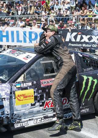 Lviv, Ukraine - June 7, 2015: Rider Dmytro ILLYUK near his car brand Nissan before the championship of Ukraine drifting in Lviv, Ukraineのeditorial素材