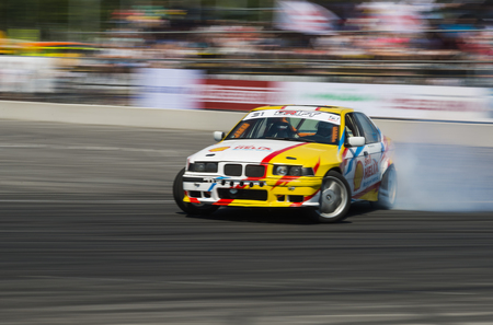 Lviv, Ukraine - Juny 7, 2015: Unknown rider on the car brand  BMW overcomes the track in the championship of Ukraine drifting in Lviv.のeditorial素材