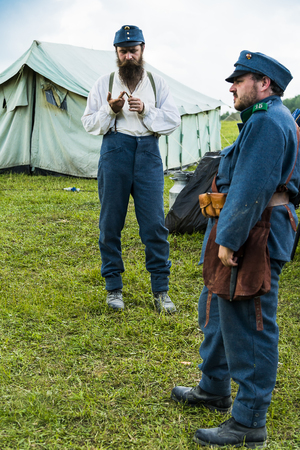 Snina, Slovakia - May 28, 2016: Military historical reconstruction battles of World War I Karpaty 1914/1916. Participants of event expects to begining reconstruction near Snina, Slovakia.のeditorial素材