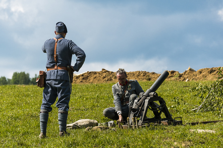 Snina, Slovakia - May 28, 2016: Military historical reconstruction battles of World War I Karpaty 1914/1916. Participant of event expects to begining reconstruction near Snina, Slovakia.のeditorial素材