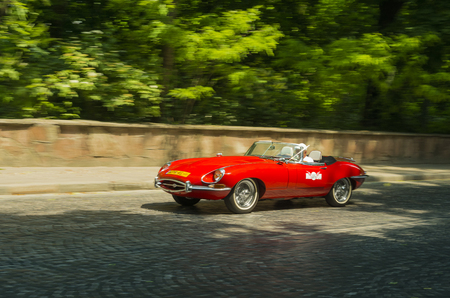 Lviv, Ukraine - June 13, 2015:Old retro car Jaguar E-type taking  participation in race Leopolis grand prix 2015, Ukraine.のeditorial素材