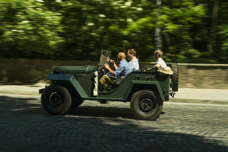 Lviv, Ukraine - June 13, 2015:Old retro car GAZ- 67 taking  participation in race Leopolis grand prix 2015, Ukraine.のeditorial素材