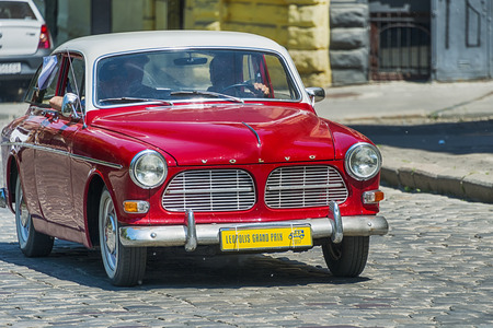 Lviv, Ukraine - June 4, 2017: Old retro car VOLVO AMAZON 121 with its owner and au unknown passengers taking participation in race Leopolis grand prix 2017, Ukraine.のeditorial素材