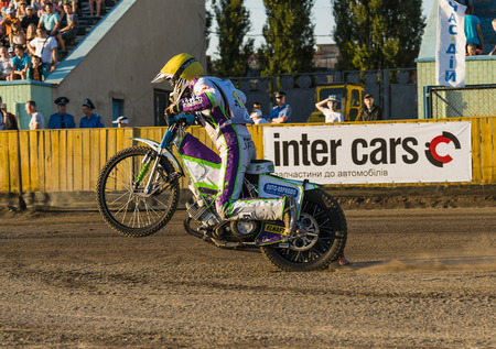 Rivne, Ukraine - 29 August 2015: Unknown rider prepares for the start at the Open Cup Speedway to the day of the city Rivneのeditorial素材