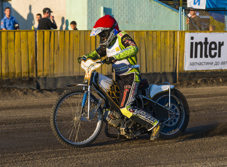 Rivne, Ukraine - 29 August 2015: Unknown rider prepares for the start at the Open Cup Speedway to the day of the city Rivneのeditorial素材