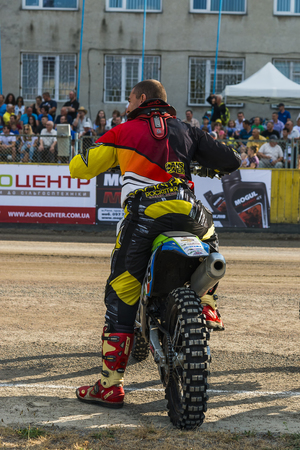 Rivne, Ukraine - 11 October 2015: Unknown rider  during a prepare for the race at the Open Cup Speedway to the day of the city Rivneのeditorial素材