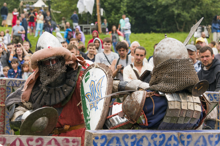Urych, Ukraine - August 6,2016: Tustan Medieval Culture Festival in Urych, Western Ukraine, on August 6, 2016.Participants of the festival in knight armor arrange fights.のeditorial素材