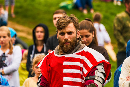 Urych, Ukraine - August 6,2016: Tustan Medieval Culture Festival in Urych, Western Ukraine, on August 6, 2016.Participant reconstruction watching fight.のeditorial素材