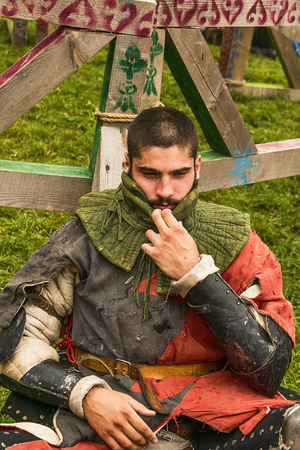 Urych, Ukraine - August 6,2016: Tustan Medieval Culture Festival in Urych, Western Ukraine, on August 6, 2016 . Participant of the festival in knight armor after  fights.のeditorial素材