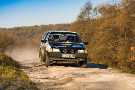 Lviv, Ukraine - November 1, 2015: Dmytro Zacharow's  VAZ-2108  competes at the annual Rally Galicia