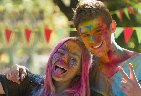 Lviv, Ukraine - August 28, 2016: Young people having fun during the festival of color in a city park in Lviv.のeditorial素材