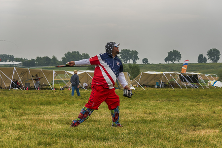 Lviv, Ukraine - July 23, 2017: Unknown aircraft modeler  launches his own radio-controlled  model  glider  in the countryside near the city of Lviv., Ukraine.のeditorial素材