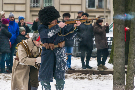 Lviv, Ukraine - January 29, 2017: Military historical reconstruction battle of Kruty .Soldiers of the Red Army attack position  Lviv, Ukraine.のeditorial素材