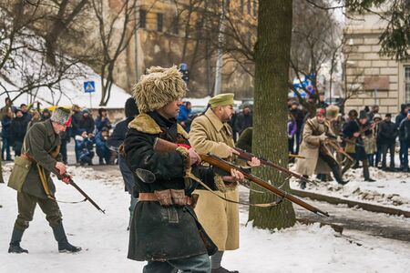 Lviv, Ukraine - January 29, 2017: Military historical reconstruction battle of Kruty .Soldiers of the Red Army attack position  Lviv, Ukraine.のeditorial素材