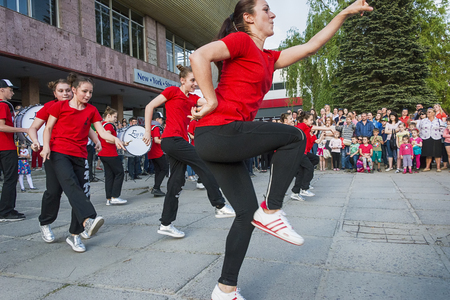 Lviv , Ukraine - May 05 2018: Celebratory events on the occasion of the city day.Young people participate in the dance competition near the city center .のeditorial素材