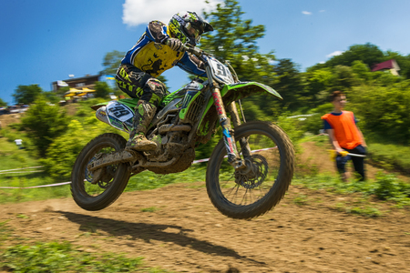 Lviv , Ukraine - May 20 2018:  Open Cup of Lviv on the motocross track Mayorovka. Motorcycle racer Roman Kruk overcome the track in the fight for the championship.のeditorial素材
