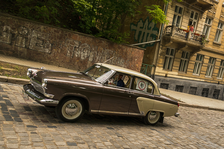 Lviv, Ukraine - June 3, 2018:Old retro car Gaz -21 taking participation in race Leopolis grand prix 2018, Ukraine.のeditorial素材