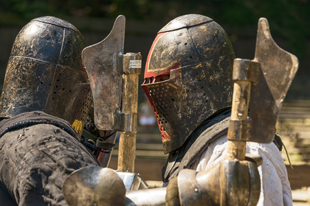 Lviv , Ukraine â august , 04, 2018:  Festival of medieval history and knight duels in the city park in Lviv. Knights greet each other before the battle.のeditorial素材