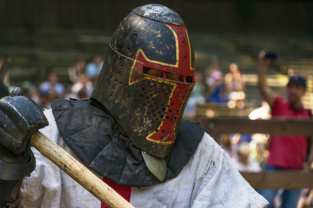 Lviv , Ukraine â august , 04, 2018:  Festival of medieval history and knight duels in the city park in Lviv.Portrait of a knight during a duelのeditorial素材