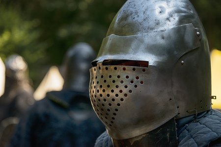 Lviv , Ukraine â august , 04, 2018:  Festival of medieval history and knight duels in the city park in Lviv.Portrait of a knight during a duelのeditorial素材