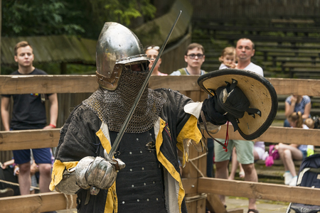 Lviv , Ukraine â august , 04, 2018:  Festival of medieval history and knight duels in the city park in Lviv.Portrait of a knight before a duelのeditorial素材