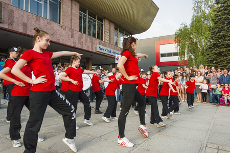 Lviv , Ukraine - May 05 2018: Celebratory events on the occasion of the city day.Young people participate in the dance competition near the city center .のeditorial素材