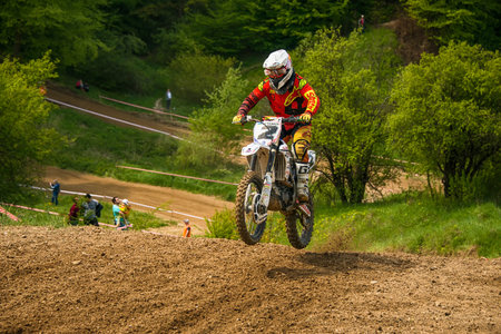 Lviv , Ukraine - May 12 2019:  Open Cup of Lviv on the motocross track Mayorovka.  Unknown ...