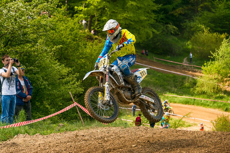Lviv , Ukraine - May 12 2019:  Open Cup of Lviv on the motocross track Mayorovka.  Unknown ...