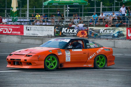 Lviv, Ukraine - June 4, 2016: Unknown rider on the car brand Honda overcomes the track in the championship of Ukraine drifting in Lviv, Ukraine.のeditorial素材