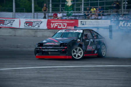 Lviv, Ukraine - June 4, 2016: Unknown rider on the car brand Honda overcomes the track in the championship of Ukraine drifting in Lviv, Ukraine.のeditorial素材