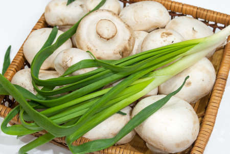 Fresh champignons with green onions.の写真素材