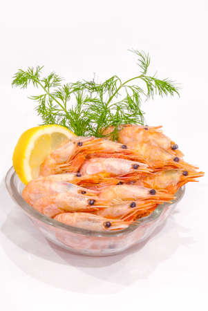 boiled shrimp with lemon and dillの写真素材