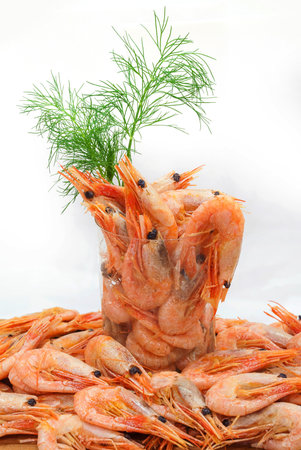 boiled shrimp with lemon and dillの写真素材
