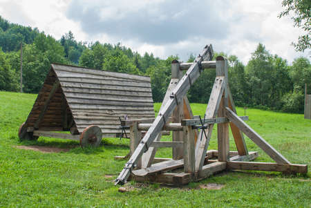 old wooden catapult, ancient combat weaponの写真素材