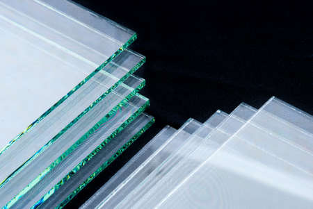 Sheets of Factory manufacturing tempered clear float glass panels cut to size.の写真素材