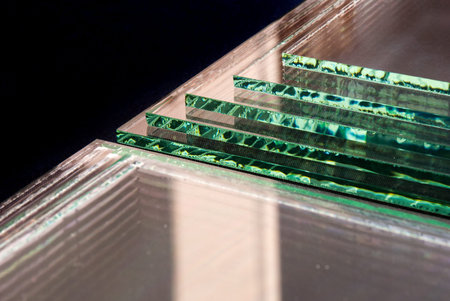 Sheets of Factory manufacturing tempered clear float glass panels cut to size.