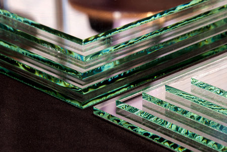 Sheets of Factory manufacturing tempered clear float glass panels cut to size.