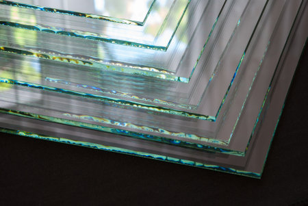 Sheets of Factory manufacturing tempered clear float glass panels cut to size.の写真素材