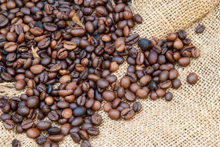 coffee beans on a rough sacking.