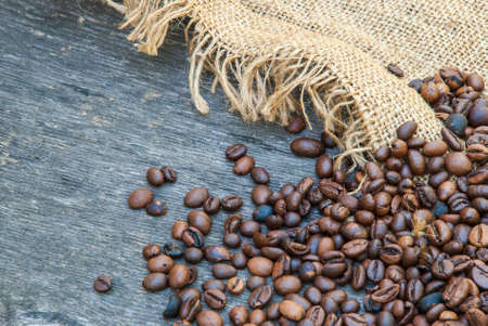 coffee beans on a rough sacking.の写真素材