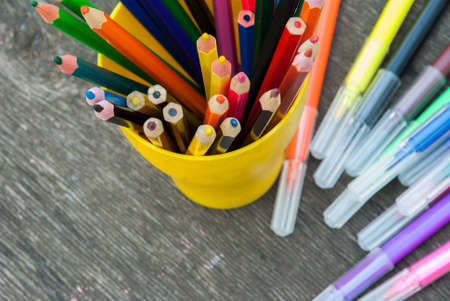 Color pencil on wooden background.Crayons. Colored Pencils. colored pencilsの写真素材