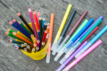Color pencil on wooden background.Crayons. Colored Pencils. colored pencilsの写真素材
