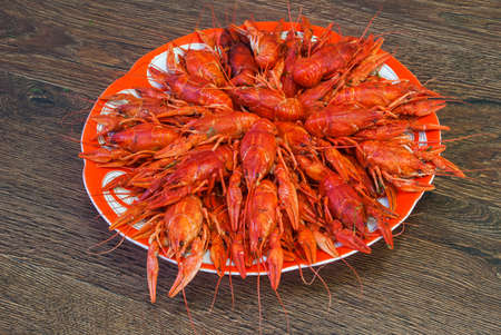Still life with crayfish crawfish on old wooden background.の写真素材