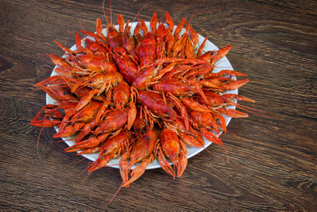 Still life with crayfish crawfish on old wooden background.の写真素材