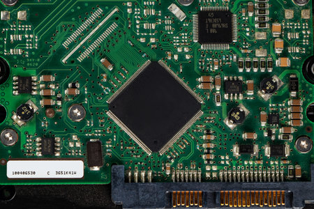 Computer HD - Hard Disk drives HDD , SSD on circuit board. close-up. isolated on wooden table...
