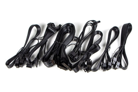 Computer power supply cables isolated on a white background.